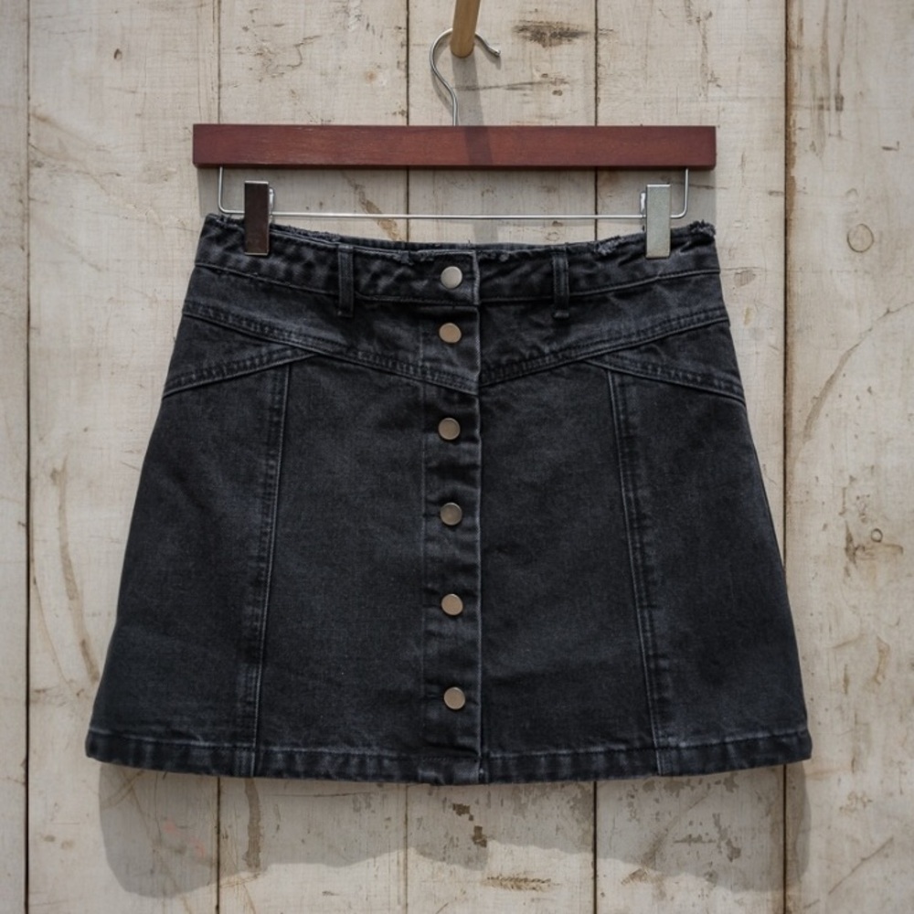 Mustard Seed Black Denim Button Front High Rise A-Line Mini Skirt NWT